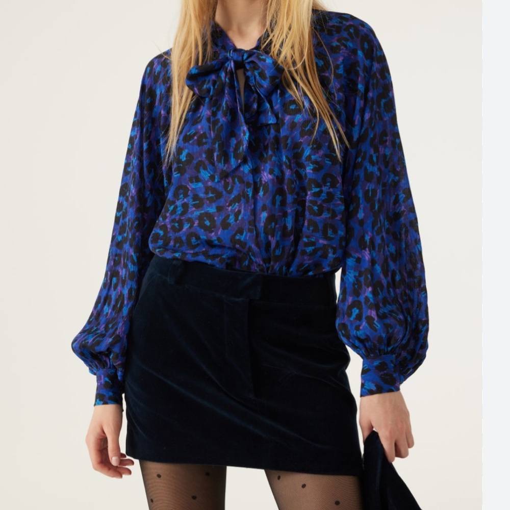 BA&SH Leopard Print Blouse blue and black XS with Bow